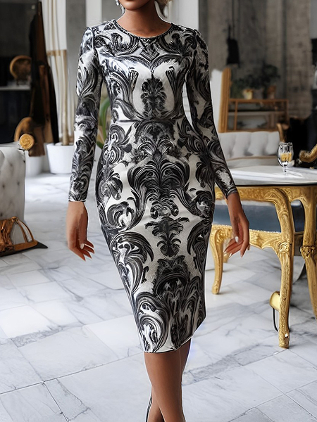 Micro-Elasticity Elegant Floral Midi Dress, Black, Midi Dresses