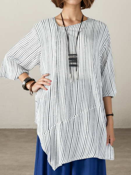 

Cotton And Linen Linen Striped Asymmetrical Blouse, Stripe, Blouses & Shirts