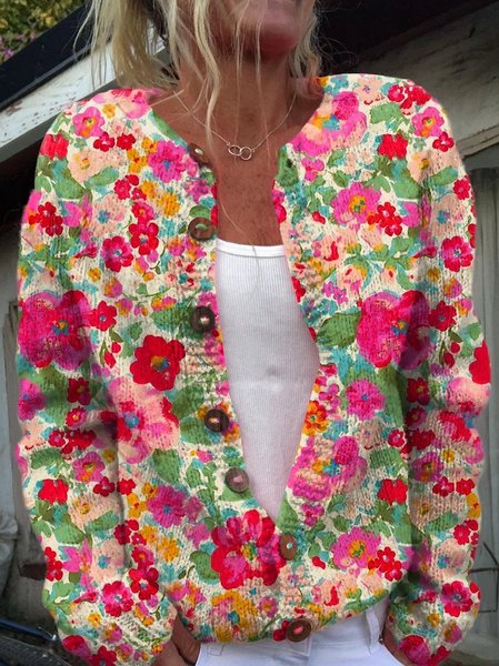 Casual 3D Printing Crew Neck Knitted Cardigan, As picture, Cardigans