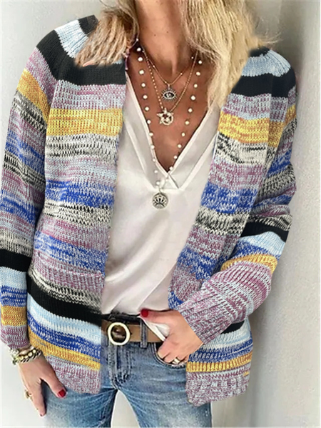 

Women Yarn/Wool Yarn Multicolor Block Long Sleeve Comfy Casual Cardigan, Blue, Cardigans
