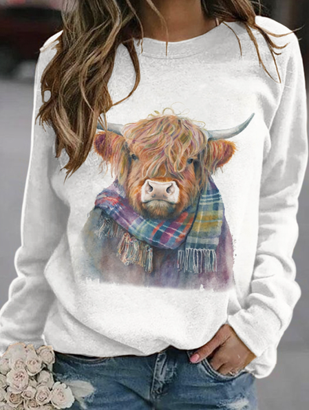Women's Highland Cow Print Casual Sweatshirt, White, Hoodies&Sweatshirts