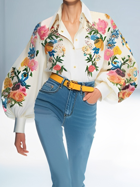 

Urban Floral Balloon Sleeve Shirt, As picture, Blouses and Shirts
