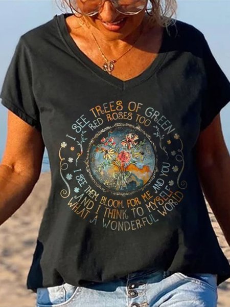 Floral Print Long Sleeve V-Neck T-shirt, Black, T-shirts