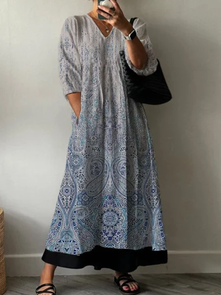 

Ethnic Print Long Sleeve V-neck Dress, Blue, Maxi Dresses