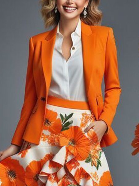 

Elegant Plain Lapel Collar Blazer, Orange, Blazers