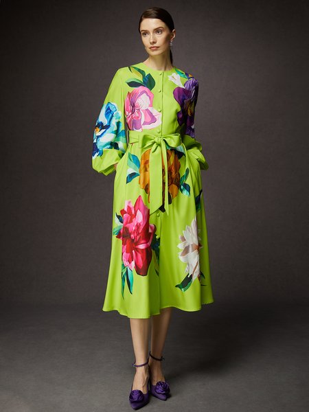 

Elegant Floral Pockets Dress With Belt, Green, Midi Dresses