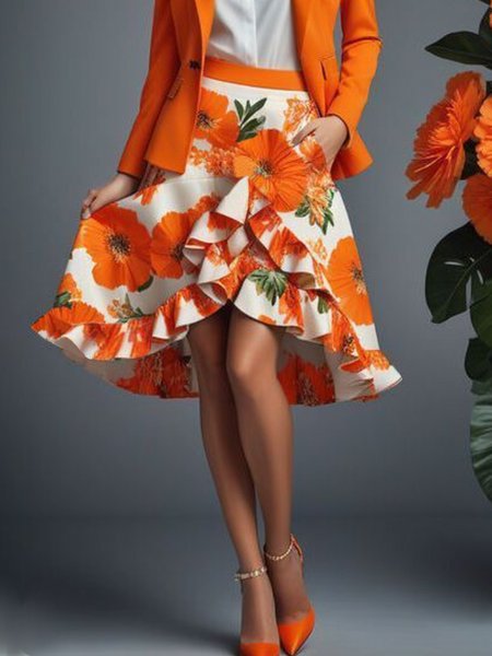 Elegant Peplum Floral Knee Length Skirt, Orange, Skirts
