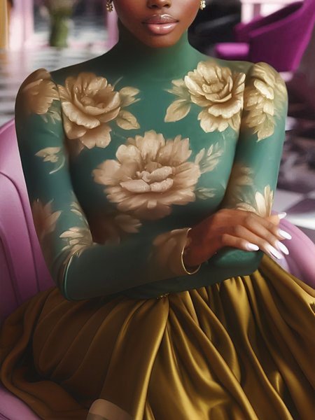

Elegant Floral Turtleneck Puff Sleeve T-shirt, Green, Tees