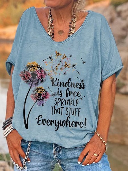 

Women's Short Sleeve Tee T-shirt Summer Dandelion Jersey V Neck Holiday Going Out Casual Top, Blue, T-Shirts