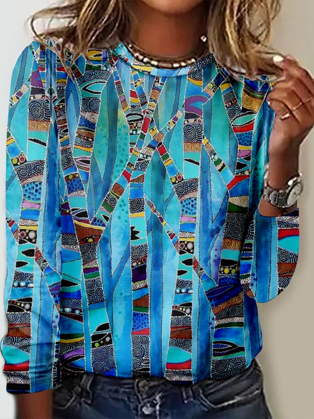 Casual Long Sleeve Round Neck T-Shirt, Blue, Long sleeves