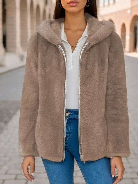 

Women's Spring/Fall Outerwear Casual Fluff/Granular Fleece Fabric Plain Long Sleeve Hoodie Jacket, Khaki, Jackets