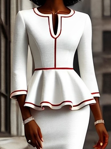 

Elegant Color Block Notched Blouse, White, Blouses and Shirts