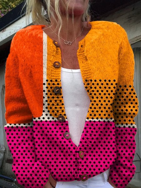 Casual Crew Neck Loose Knitted Cardigan, As picture, Cardigans
