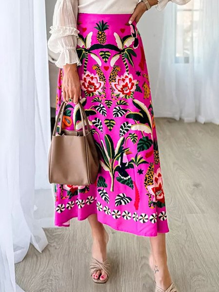 

Elegant Printing Floral Midi Skirt, As picture, Skirts