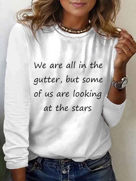 Text letters Print Long Sleeve Crew Neck T-shirt, White, Long sleeves