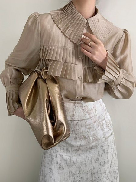 Urban Plain Pleated Shirt Collar Shirt, As picture, Blouses and Shirts