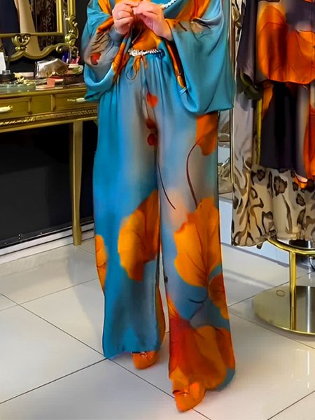 

Casual Floral Printing Wide Leg Pants, Blue, Pants