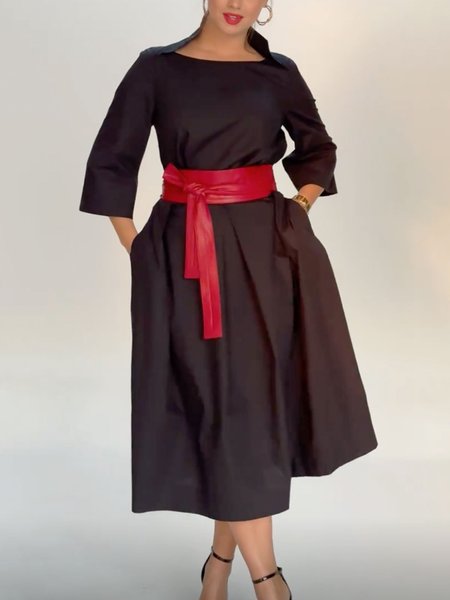 Elegant Plain Stand Collar Maxi Dress With Belt, Black, Maxi Dresses