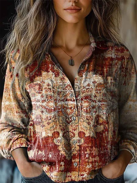 Ethnic Print Long Sleeve Shirt, Wine red, Blouses