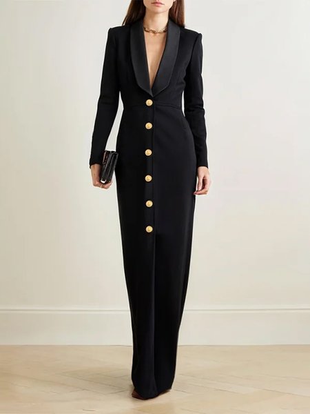 

Elegant Plain Buttoned Shawl Collar Maxi Dress, Black, Maxi Dresses