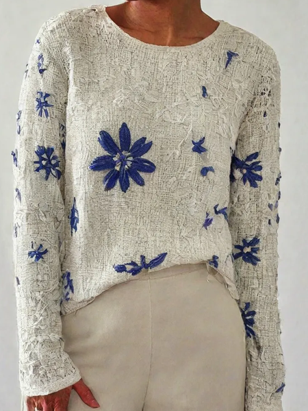 

Women Embroidery Patterns Long Sleeve Tee T-shirt Crew Neck Vintage Spring/Fall Top, As picture, T-Shirts