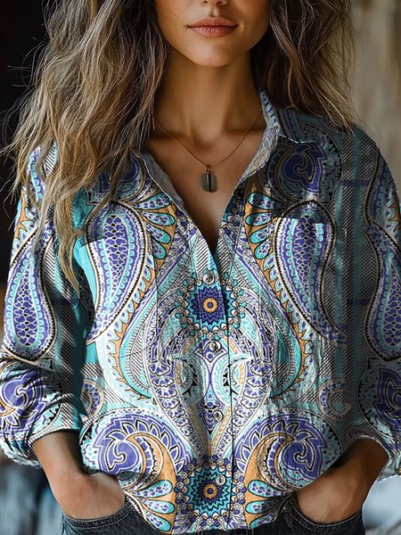 

Ethnic Print Long Sleeve Shirt, Blue, Blouses & Shirts