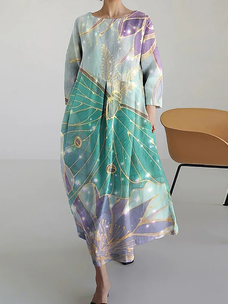 

Women Floral Crew Neck Three Quarter Sleeve Comfy Casual Midi Dress, Blue, Dresses