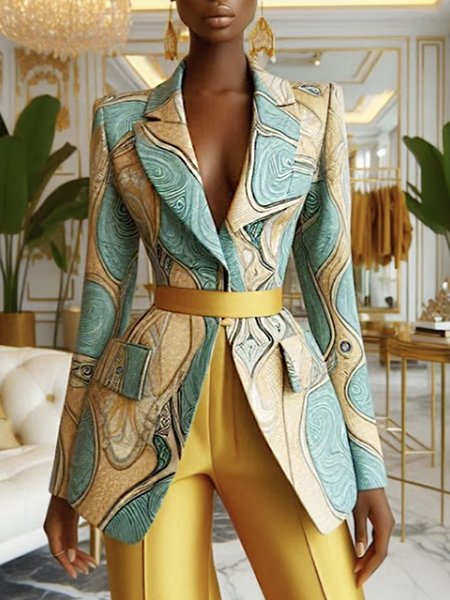

Urban Abstract Graphic Blazer With Belt, As picture, Blazers