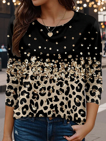 Casual Leopard Crew Neck Long Sleeve T-shirt, Black, T-shirts