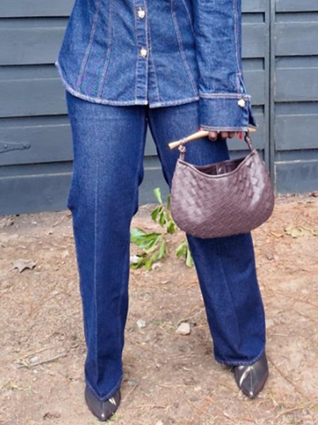 Denim Casual High Waist Plain Jeans, Blue, Jeans