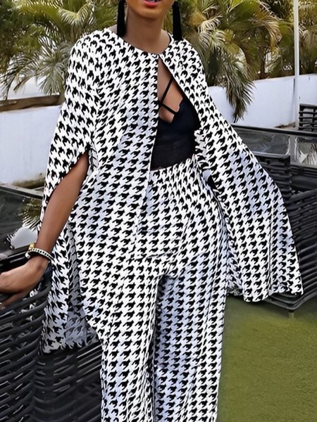 

Urban Houndstooth Loose Crew Neck Kimono, Black-white, Kimonos