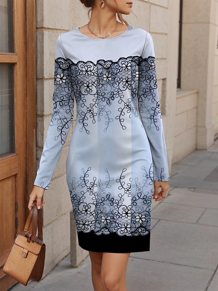 

Women's Long Sleeve Spring/Fall Plants Jersey Dress Floral Holiday Going Out Casual Mini H-Line T-Shirt Dress, Light blue, Dresses