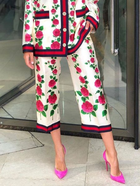 

Elegant Floral Loose Straight Pants, As picture, Pants
