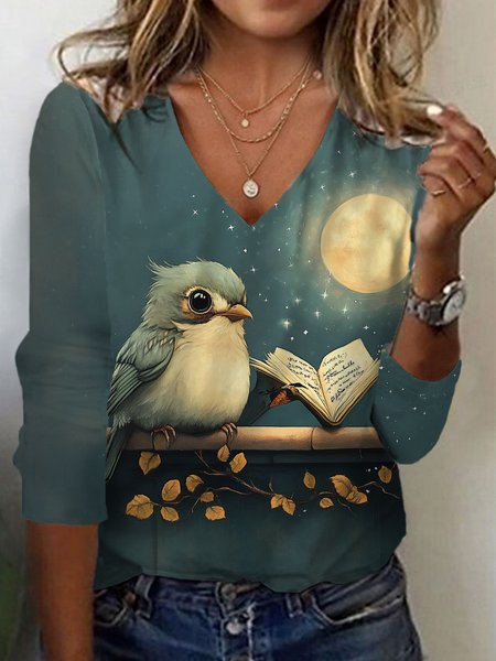 Bird Print Long Sleeve V-Neck T-shirt, Dark green, Long sleeves