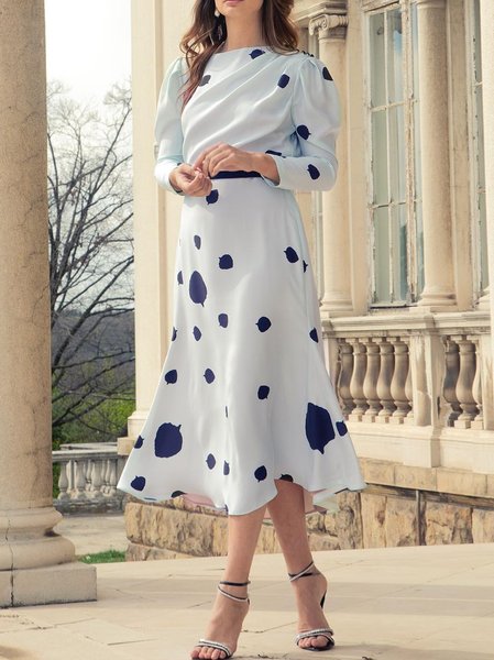 Elegant Polka Dots Puff Sleeve Printing Midi Dress, As picture, Midi Dresses