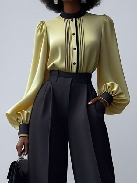 

Urban Color Block Stand Collar Balloon Sleeve Shirt, Green, Blouses and Shirts