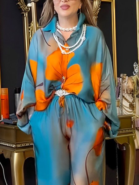 

Casual Floral Printing Shirt Collar Balloon Sleeve Shirt, Blue, Blouses and Shirts