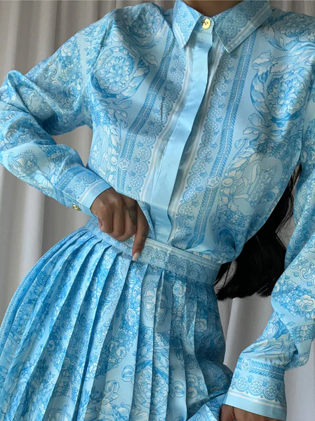 

Elegant Floral Printing Shirt, Blue, Blouses and Shirts