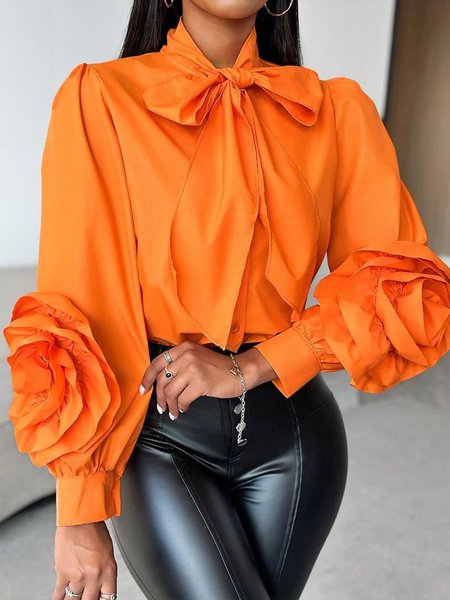 Urban Plain 3D Floral Shirt Collar Balloon Sleeve Shirt, Orange, Blouses and Shirts
