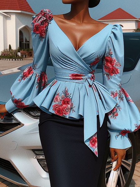 

Elegant V Neck Balloon Sleeve Blouse, Blue, Blouses and Shirts