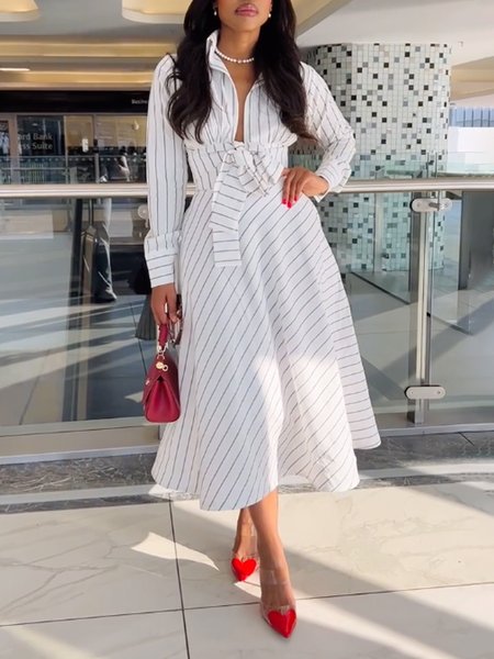 

Urban Striped Shirt Collar Midi Dress, White, Midi Dresses