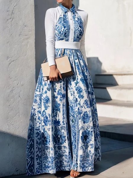 

Elegant Floral Shawl Collar Maxi Dress, As picture, Maxi Dresses