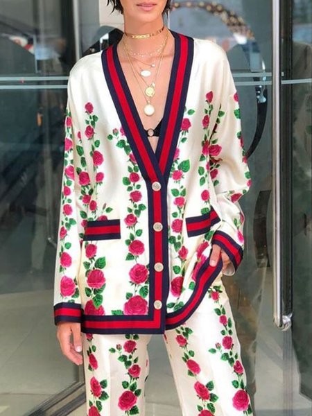 

Elegant Loose Floral V Neck Kimono, As picture, Kimonos