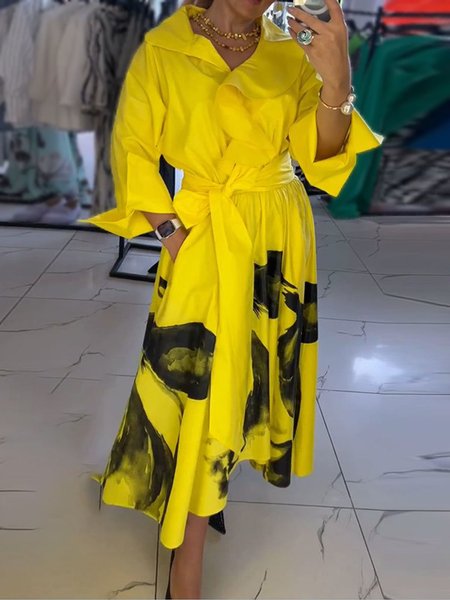 

Urban Random Print Raglan Sleeves Lotus Leaf Collar Maxi Dress With Belt, Yellow, Maxi Dresses