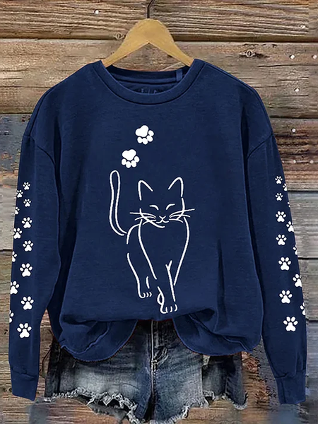 Casual Crew Neck Cut Cat Print Sweatshirt, Purplish blue, Hoodies & Sweatshirts