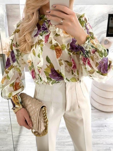 

Elegant Floral Peplum Stand Collar Balloon Sleeve Blouse, As picture, Blouses and Shirts