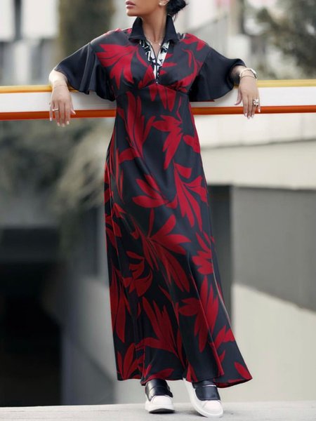 

Elegant Floral Ruffle Sleeve Stand Collar Maxi Dress, Black-red, Maxi Dresses