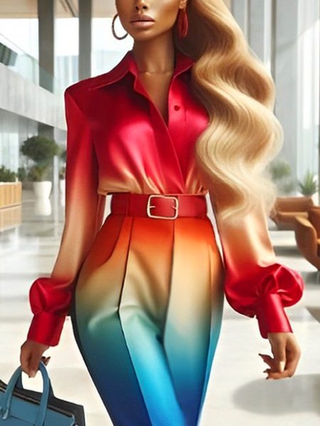 

Elegant Gradient Pattern Printing Shirt Collar Balloon Sleeve Shirt, As picture, Blouses and Shirts