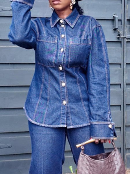 

Casual Plain Pockets Denim Shirt, Blue, Blouses and Shirts