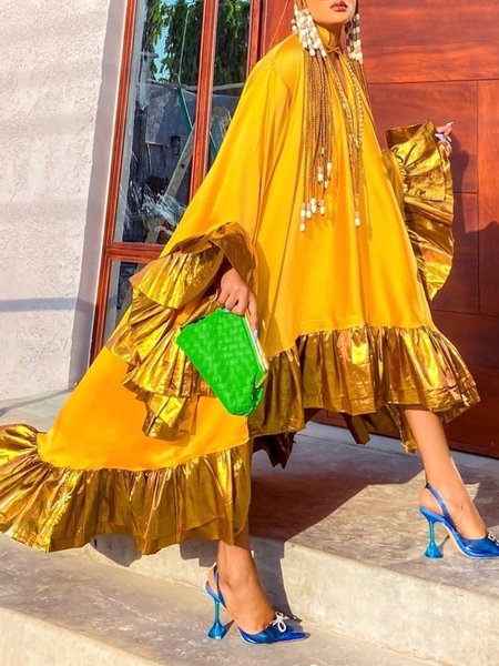 

Elegant Plain Raglan Sleeve Peplum Stand Collar Maxi Dress, Yellow, Maxi Dresses
